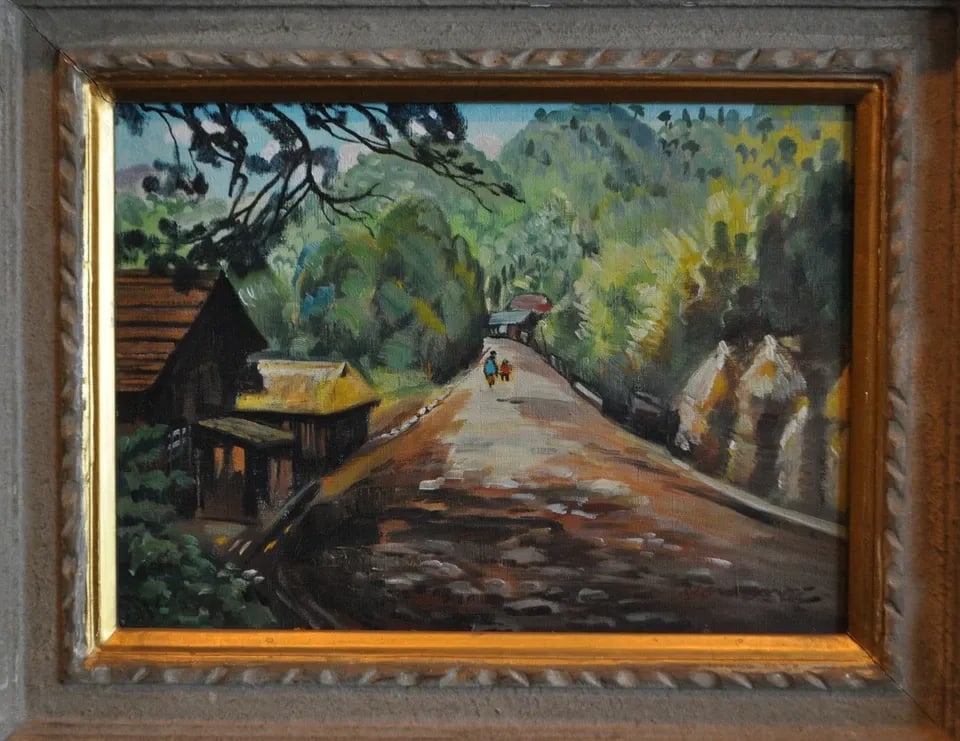 VINTAGE IMPRESSIONIST OIL PAINTING - COUNTRY ROAD VILLAGE LANDSCAPE (1 of 2)