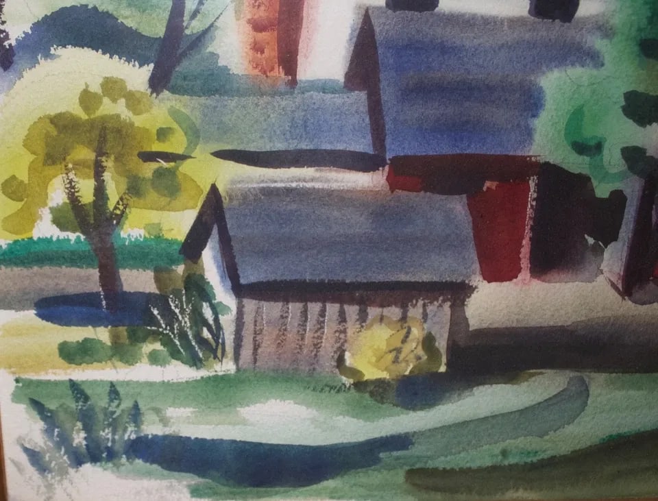 IMPRESSIONIST WATERCOLOR PAINTING - RESIDENTIAL HOME IN SUMMER - RALPH ANDERSON: IMPRESSIONIST WATERCOLOR PAINTING - RESIDENTIAL HOME IN SUMMER - RALPH ANDERSON Item Description: This watercolor painting of a house surrounded with trees was painted by Ralph Anderson. The painting 