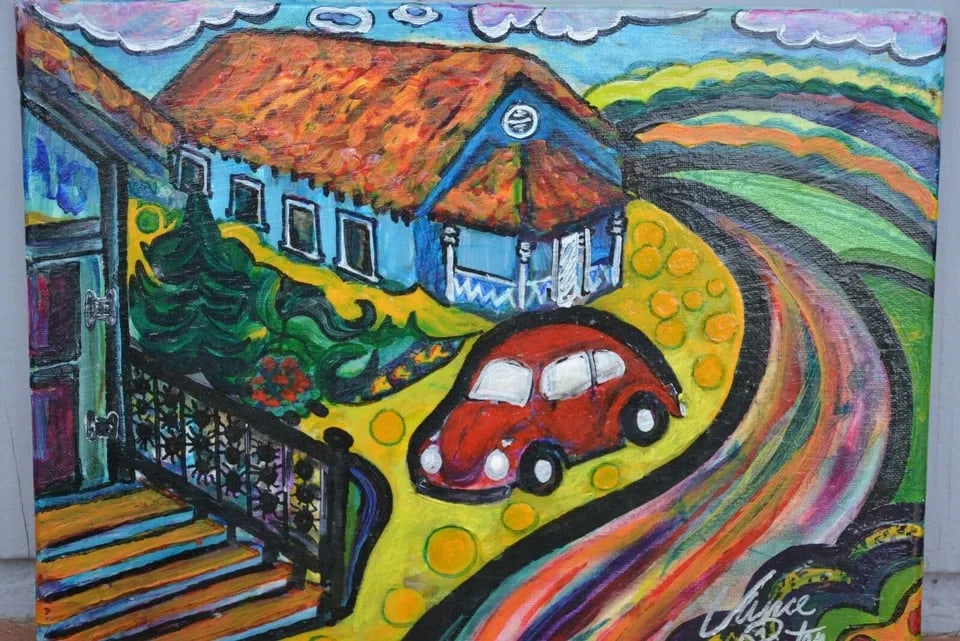VIBRANT EXPRESSIONIST - FUN STREET SCENE W RED VW BEETLE - VANCE PARTEN (1 of 2)