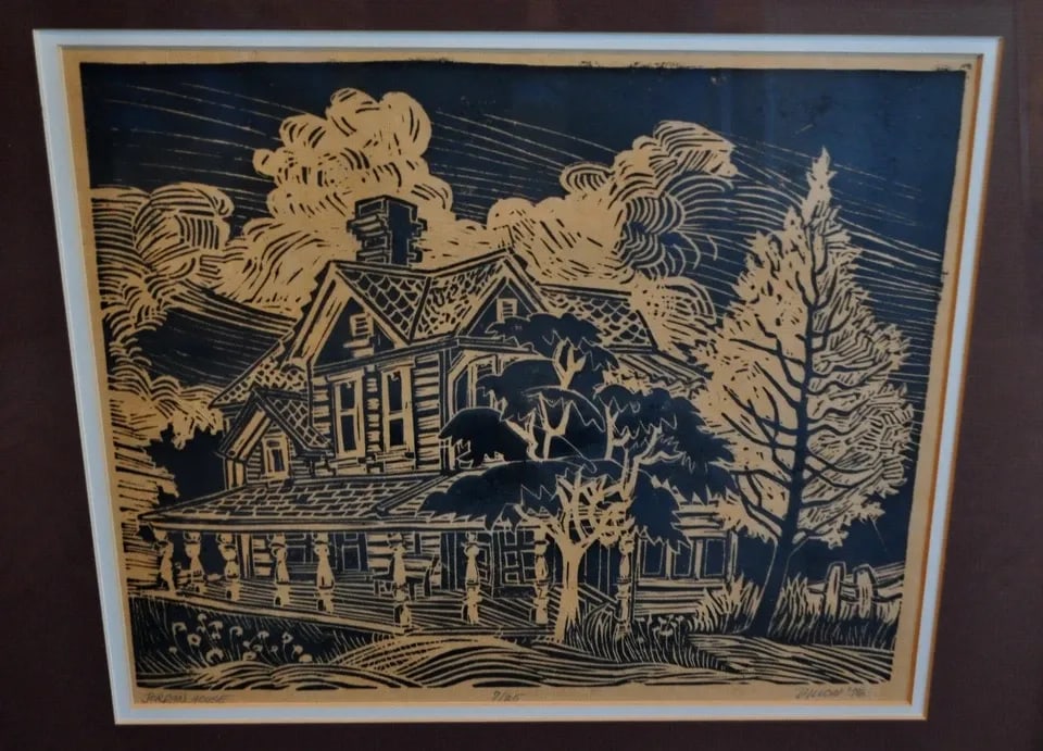 LINOCUT PRINT "JORDAN HOUSE" LMTD. ED. 7 / 25 SIGNED TITLED - VALERIE DILLON: LINOCUT PRINT "JORDAN HOUSE" LMTD. ED. 7 / 25 SIGNED TITLED - VALERIE DILLON Item Description: This vintage linocut print was done by Valerie Dillon. It is titled Jordan House, numbered 7 of 25 limite