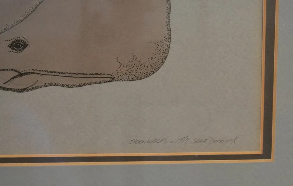 FRAMED ORIGINAL MIXED MEDIA INK WASH DRAWING - SPERM WHALES - SHANE DIMMICK 1979 (1 of 2)