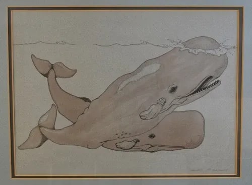 FRAMED ORIGINAL MIXED MEDIA INK WASH DRAWING - SPERM WHALES - SHANE DIMMICK 1979 - 2