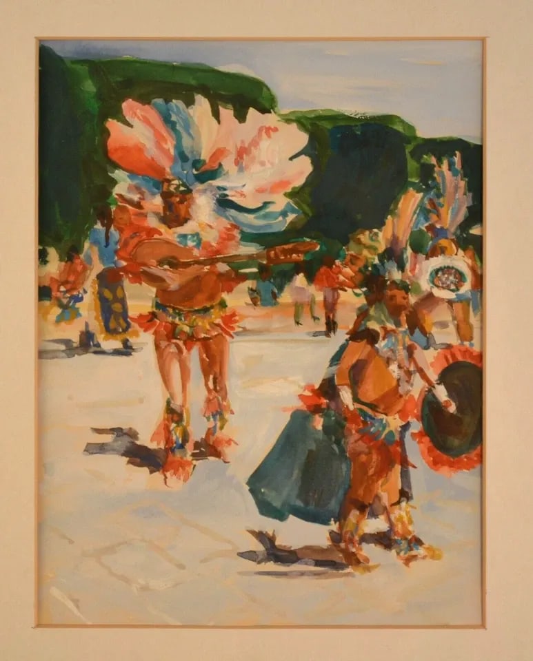 VTG PAINTING INDIAN CONCHERO DANCERS - SAN MIGUEL ALLENDE MEXICO - LOIS READ: VTG PAINTING INDIAN CONCHERO DANCERS - SAN MIGUEL ALLENDE MEXICO - LOIS READ Item Description: This vintage painting was done by Connecticut artist Lois Read. This painting shows Conchero dancers in t