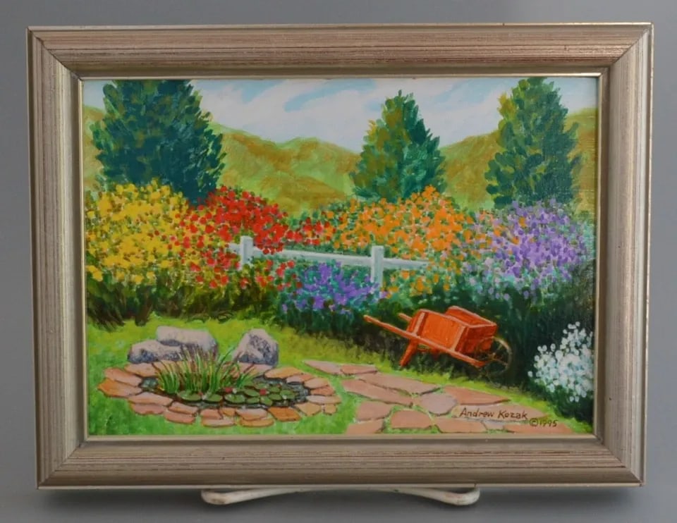 ANDREW KOZAK - MINIATURE PAINTING - SUMMER GARDEN LANDSCAPE FLOWERS - 6" X 8" (1 of 2)