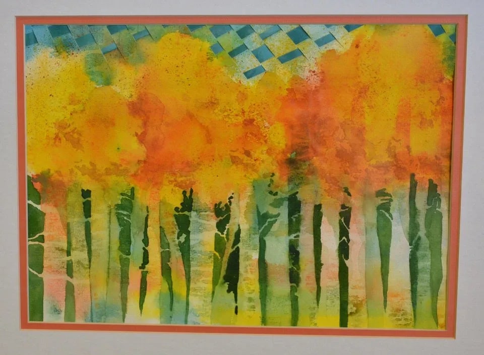 WATERCOLOR COLLAGE PAINTING ASPEN TREES IN FALL FLAGSTAFF ARIZONA - VADA LOVATO: WATERCOLOR COLLAGE PAINTING ASPEN TREES IN FALL FLAGSTAFF ARIZONA - VADA LOVATO Item Description: This watercolor collage is titled "Flagstaff Fall". Many travel every fall to Flagstaff AZ to enter th