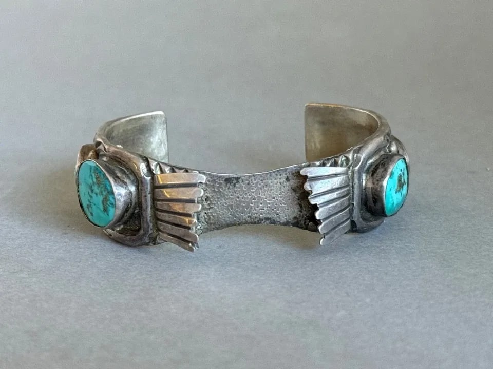 OLD PAWN NAVAJO STERLING SILVER WITH TURQUOISE WATCH BRACELET.: OLD PAWN NAVAJO STERLING SILVER WITH TURQUOISE WATCH BRACELET. Old Pawn Navajo Sterling Silver with Turquoise Watch Bracelet. 1.3 oz.. 3/4' Wide 4 7/8" Inside with a 1 1/8" Opening ..