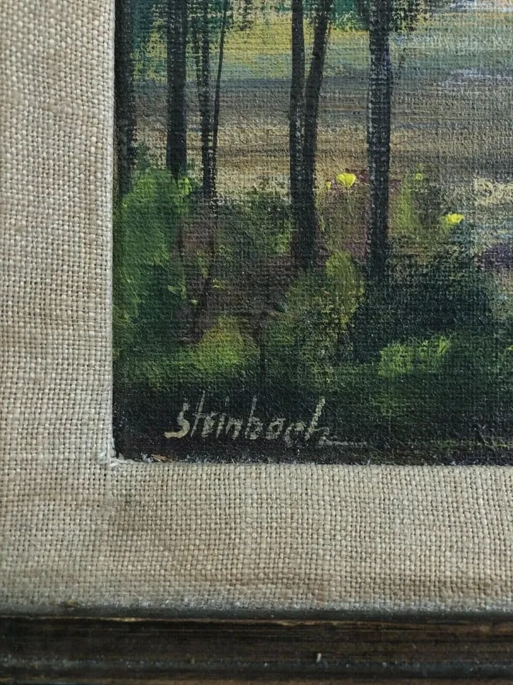 VINTAGE LANDSCAPE PAINTING - TREES MOUNTAINS IN THE DISTANCE - STEINBACH (1 of 2)