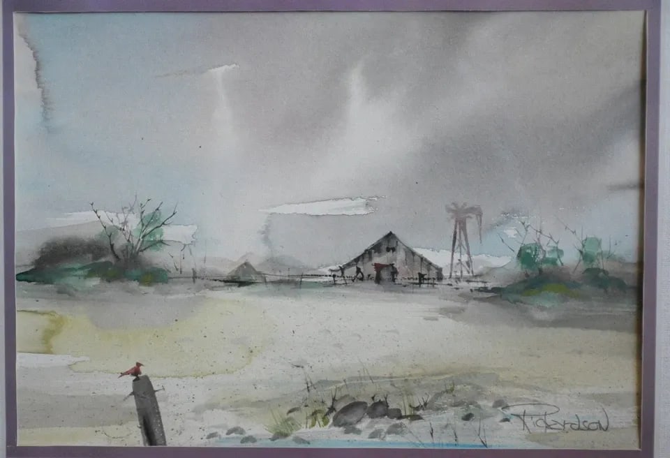 RICHARDSON - WATERCOLOR PAINTING - OLD FARMHOUSE BARN WITH WINDMILL STORMY SKIES: RICHARDSON - WATERCOLOR PAINTING - OLD FARMHOUSE BARN WITH WINDMILL STORMY SKIES This watercolor painting shows a landscape that looks to be out west. Stormy skies loom over an old homestead with a ba