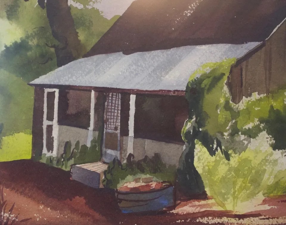 VINTAGE WATERCOLOR PAINTING - OLD COUNTRY HOME WINDMILL - FRANCES ADAMS (1 of 2)