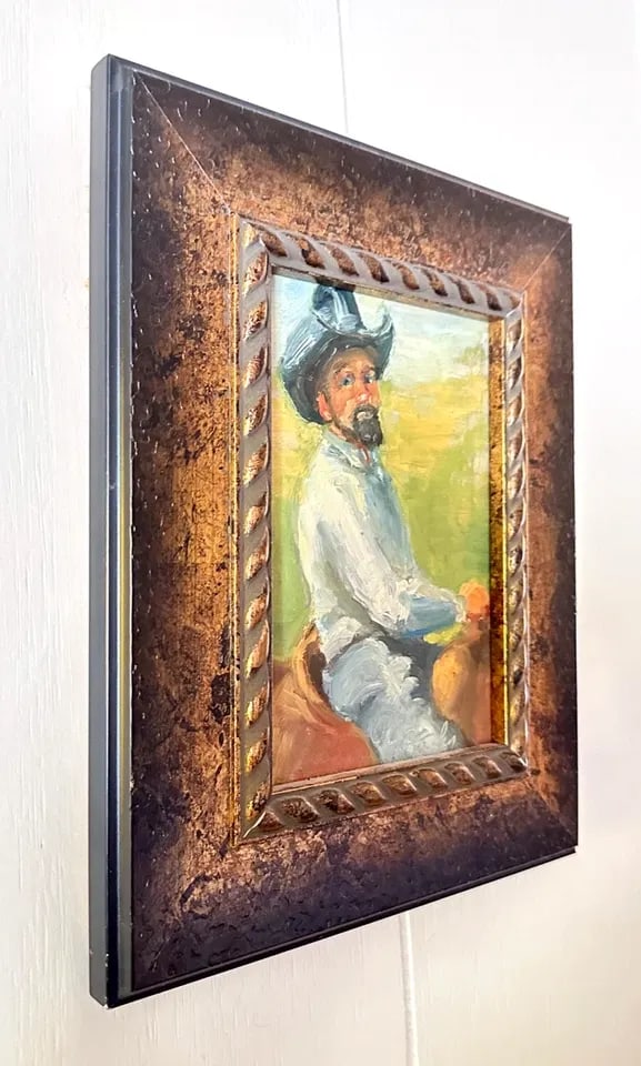 COWBOY ON HORSE PAINTING KAREN BRADLEY FINE ART ORIGINAL PAINTING: COWBOY ON HORSE PAINTING KAREN BRADLEY FINE ART ORIGINAL PAINTING Item Description: Oil on Board 6 1/2 x 4 1/2" with frame 10 1/2 x 8 1/2"