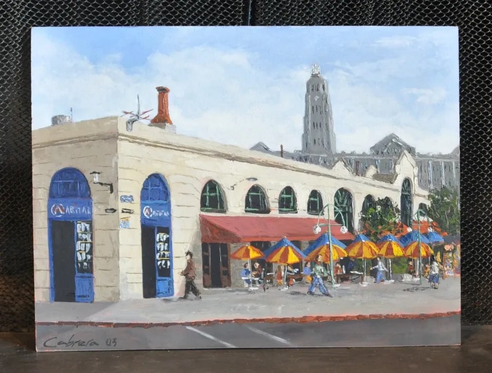 ORIGINAL OIL PAINTING - MARKET CAFE CITY STREET SCENE - SPAIN - CABRERA: ORIGINAL OIL PAINTING - MARKET CAFE CITY STREET SCENE - SPAIN - CABRERA Item Description: This original painting is titled on the back in Spanish, "Back of the Market". And, there is also a note on th