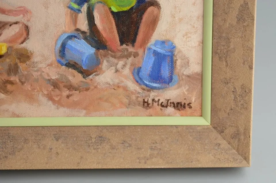 ORIGINAL OIL PAINTING YOUNG BOYS PLAYING SANDBOX - SEDONA ARTIST HARRIET MCINNIS: ORIGINAL OIL PAINTING YOUNG BOYS PLAYING SANDBOX - SEDONA ARTIST HARRIET MCINNIS Item Description: This original oil painting shows two young boys playing in the sand. This impressionist painting was 