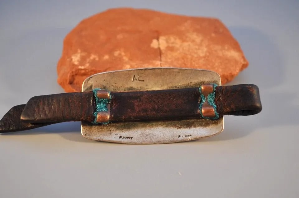 OLD PAWN NAVAJO STERLING SILVER CONCHO PENDENT WITH OLD LEATHER SIGNED AE (1 of 2)