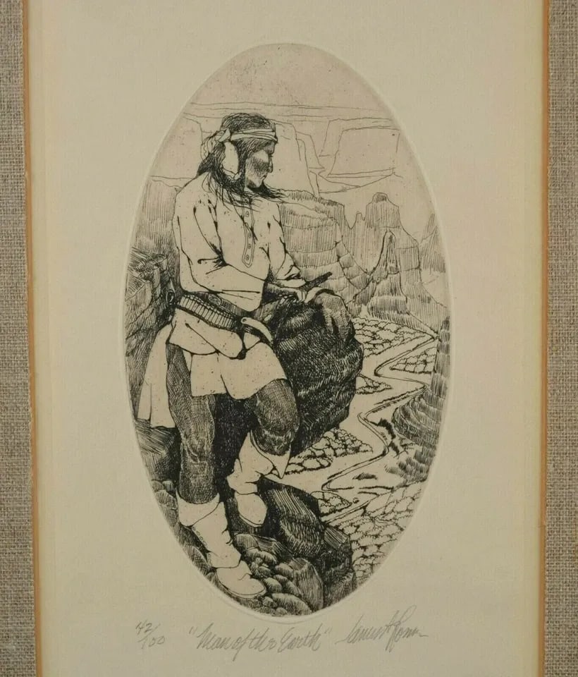 ETCHING - NATIVE AMERICAN INDIAN GRAND CANYON - LMTD ED SIGNED - JAMES A. ROME: ETCHING - NATIVE AMERICAN INDIAN GRAND CANYON - LMTD ED SIGNED - JAMES A. ROME Item Description: This etching shows a Native American - possibly Apache - overlooking what looks to be the Grand Canyon 