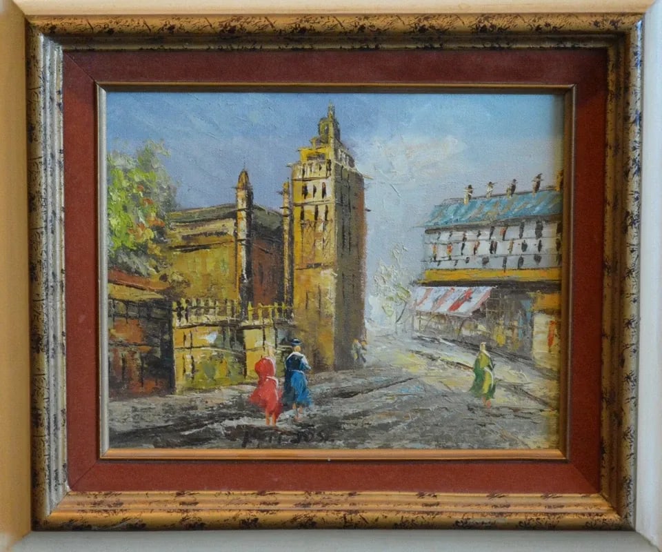 FRAMED VINTAGE OIL PAINTING OF OLD CITY W. COBBLESTONE STREETS SCENE (1 of 2)