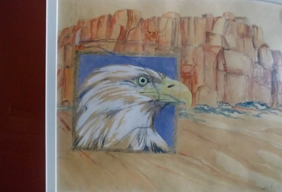 ORIGINAL PENCIL AND WATERCOLOR PAINTING WITH EAGLE AND SOUTHWEST DESERT MESA: ORIGINAL PENCIL AND WATERCOLOR PAINTING WITH EAGLE AND SOUTHWEST DESERT MESA Item Description: This painting is striking in its originality and composition. The rocky composition of the background mes