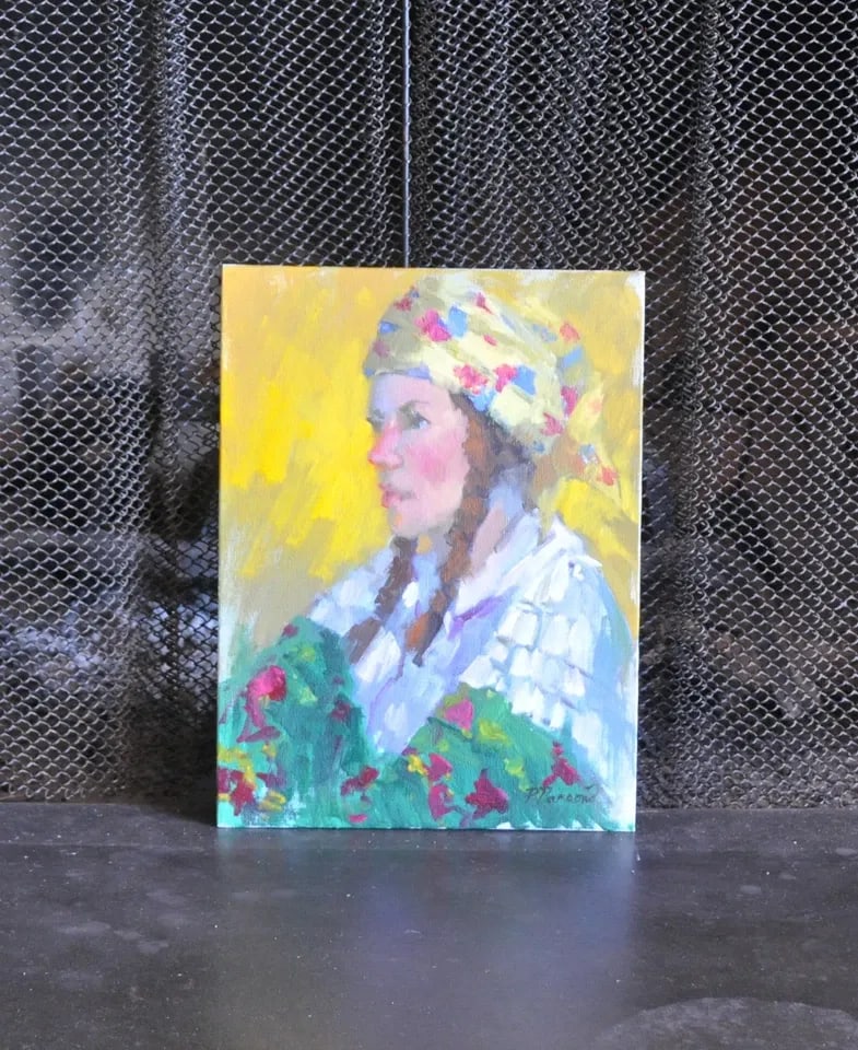 PATSEY PARSONS - OIL PAINTING "RUSSIAN LASS" YOUNG WOMAN WITH SCARF - 12" X 9": PATSEY PARSONS - OIL PAINTING "RUSSIAN LASS" YOUNG WOMAN WITH SCARF - 12" X 9" Item Description: This original oil painting on canvas board is titled "Russian Lass". It measures 12" by 9". It is signe