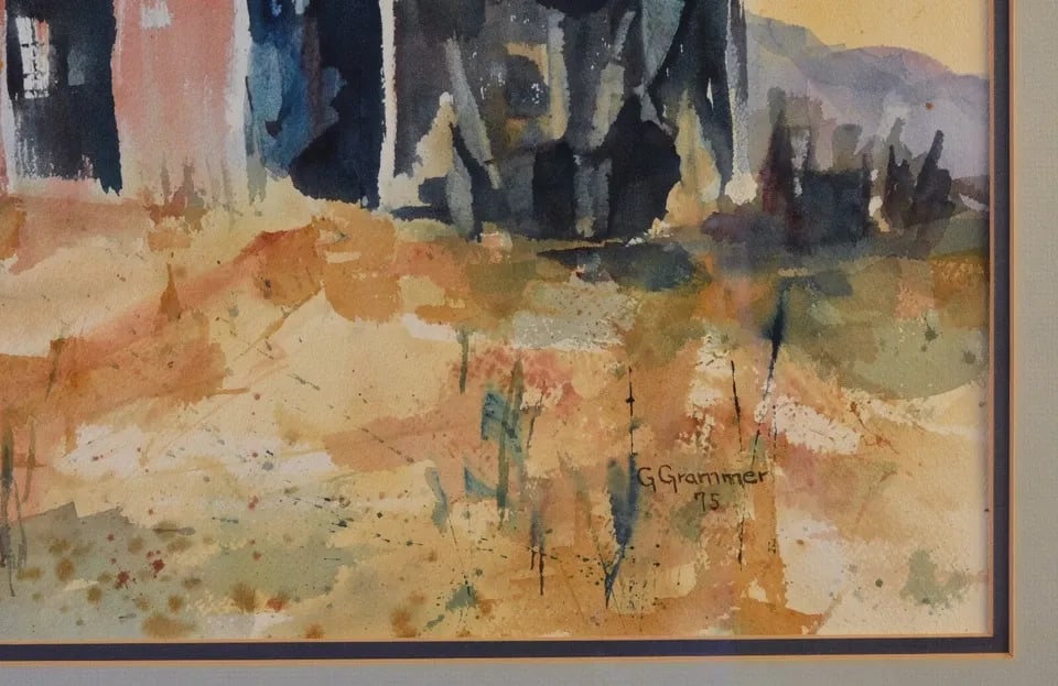 IMPRESSIONIST WATERCOLOR PAINTING OLD BARN MOUNTAIN LANDSCAPE - G. GRAMMER 1975: IMPRESSIONIST WATERCOLOR PAINTING OLD BARN MOUNTAIN LANDSCAPE - G. GRAMMER 1975 Item Description: This vibrant watercolor painting was done by artist G. Grammer and is dated 1975. It measures 14 1/8" 