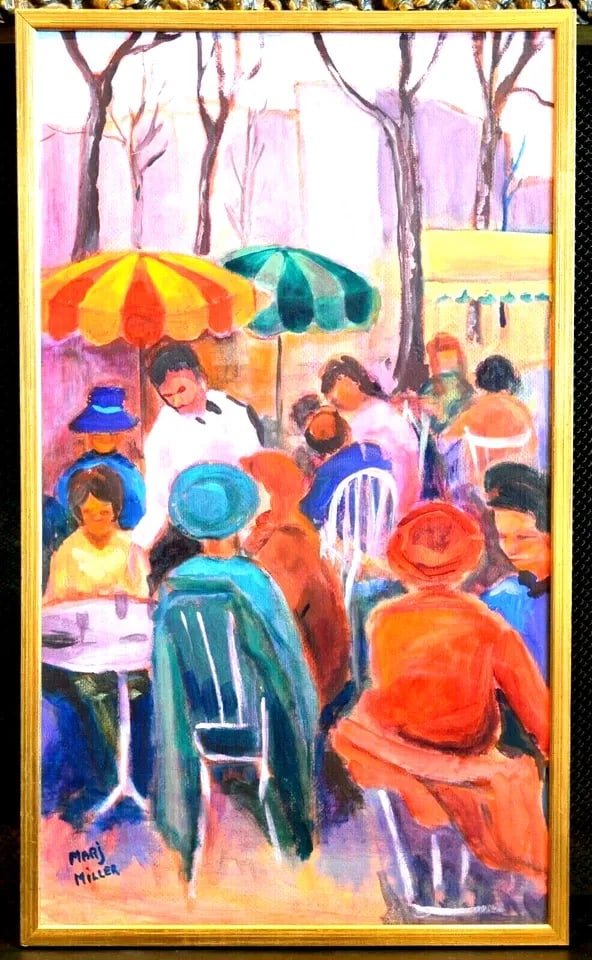 PAINTING -COLORFUL STREETSIDE OUTDOOR CAFE - CITYSCAPE: PAINTING -COLORFUL STREETSIDE OUTDOOR CAFE - CITYSCAPE Item Description: This vintage painting shows a vibrant colorful street scene. A waiter moves through a crowded streetside cafe. The city skyline
