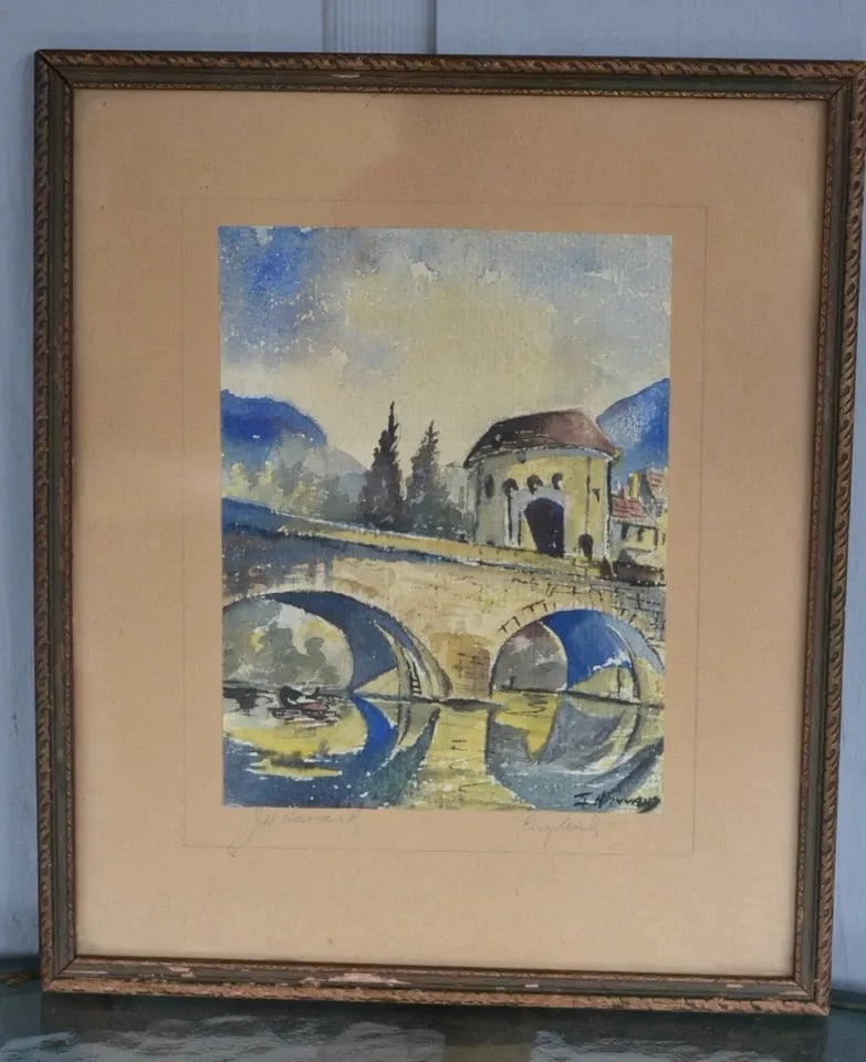 J HOWARD - VINTAGE WATERCOLOR PAINTING - ENGLAND HISTORIC AQUEDUCT - FRAMED: J HOWARD - VINTAGE WATERCOLOR PAINTING - ENGLAND HISTORIC AQUEDUCT - FRAMED This small watercolor painting on paper was done by J. Howard. It measures 7 3/4" x 5 3/4". With frame, it measures 12 3/4" 