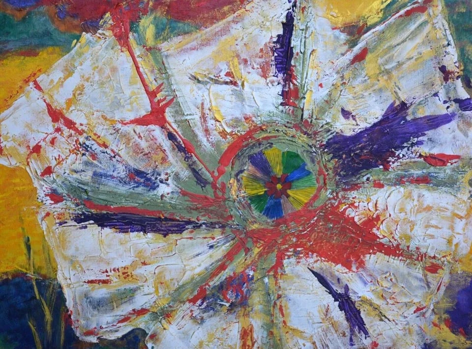 VINTAGE PAINTING - JIMSON WEED FLOWER - PSYCHEDELIC GLOWING COLORS - SIGNED MICK (1 of 2)