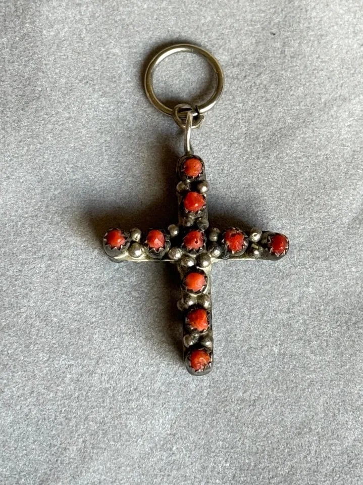 VINTAGE ZUNI STERLING SILVER WITH TURQUOISE AND CORAL REVERSIBLE CROSS PENDANT: VINTAGE ZUNI STERLING SILVER WITH TURQUOISE AND CORAL REVERSIBLE CROSS PENDANT Vintage Zuni Sterling Silver with Turquoise and Coral Reversible Cross Pendant cross measures 1 5/8" from top to bottom n