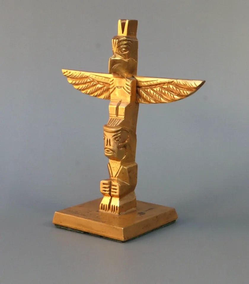RALPH WILSON -NORTHWEST COAST-FIRST NATION-TOTEM POLE.. METAL WITH GOLD FINISH (1 of 2)