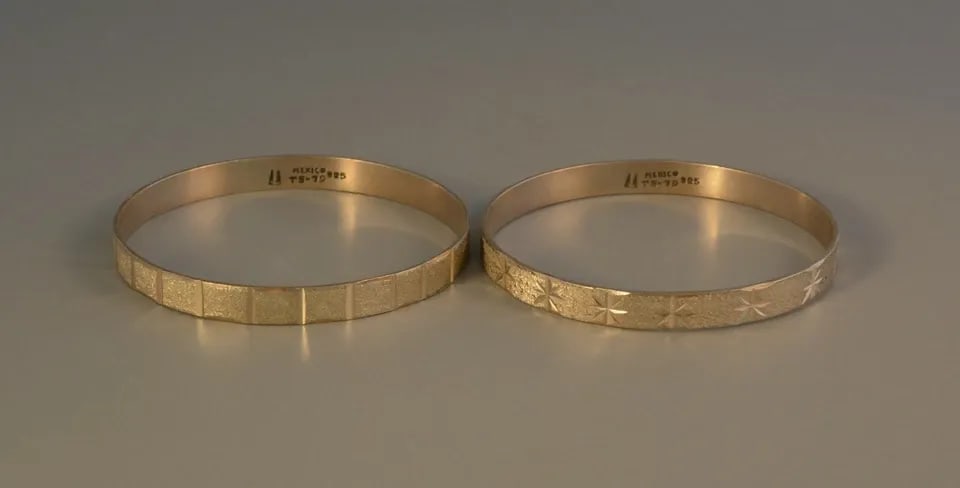SET OF 2 - STERLING SILVER BANGLE BRACELETS - TAXCO MEXICO - 8 5/8" - TWO TREES (1 of 2)