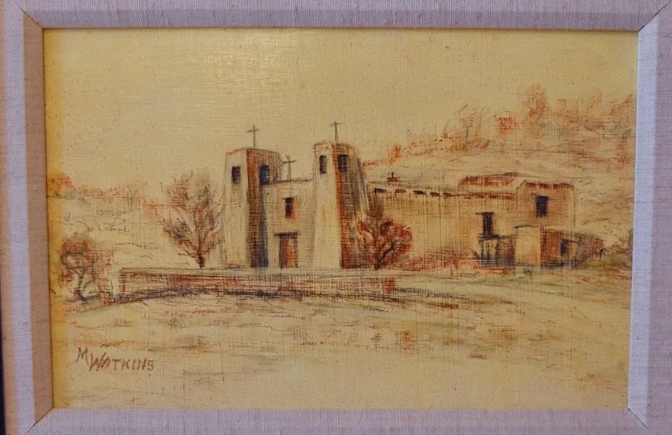 MARIDETH WATKINS (B.1917) - SEPIA PENCIL DRAWING OLD MISSION CHURCH NEW MEXICO: MARIDETH WATKINS (B.1917) - SEPIA PENCIL DRAWING OLD MISSION CHURCH NEW MEXICO Item Description: This sepia drawing with an oil glaze was done by Roswell New Mexico artist Marideth Watkins. It shows a