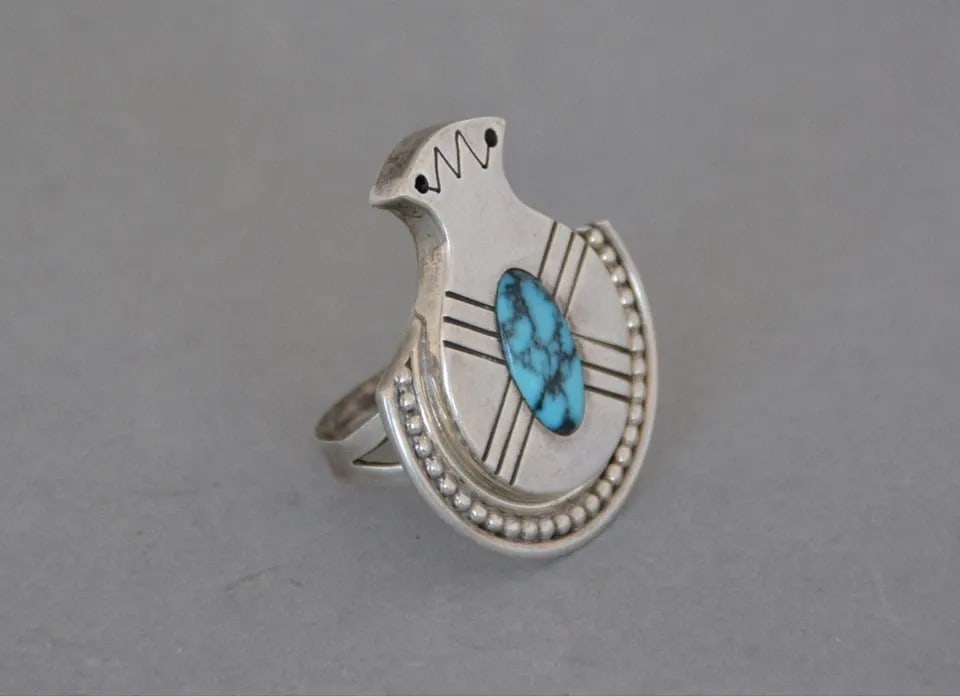 VINTAGE NAVAJO STERLING SILVER TURQUOISE RING - UNIQUE OLLA POT DESIGN - SZ 9 (1 of 2)