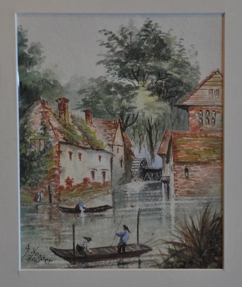 HOOPER - WATERCOLOR PAINTING - EUROPEAN VILLAGE FLOUR MILL WATER WHEEL - 1904: HOOPER - WATERCOLOR PAINTING - EUROPEAN VILLAGE FLOUR MILL WATER WHEEL - 1904 Item Description: This is a original watercolor painting on paper dated 1904. It is signed M. Hooper or Z.? Hooper. (There