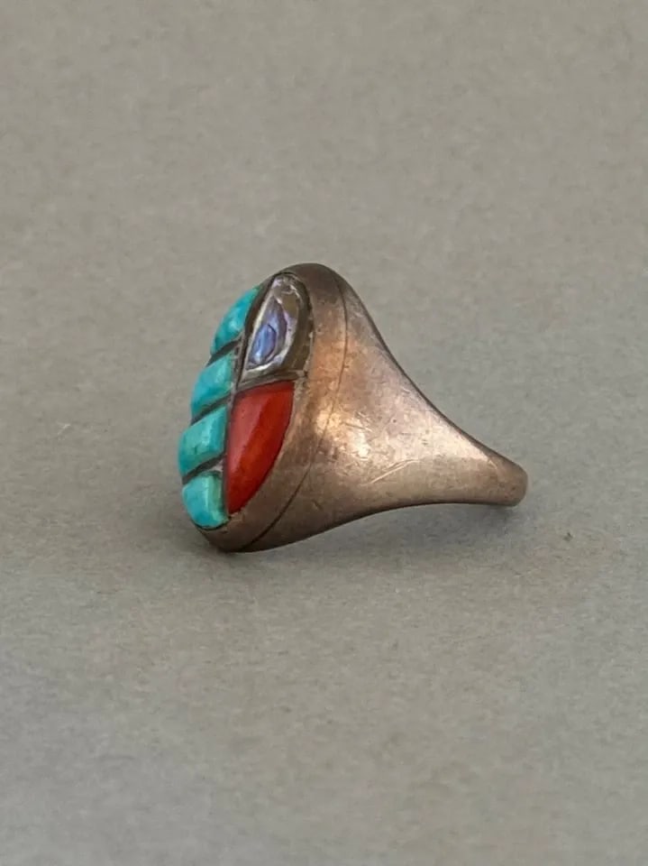 OLD PAWN NAVAJO STERLING SILVER W TURQUOISE CORAL AND ABALONE RING SIZE 12: OLD PAWN NAVAJO STERLING SILVER W TURQUOISE CORAL AND ABALONE RING SIZE 12 Old Pawn Navajo Sterling Silver w Turquoise Coral and Abalone Ring Size 12 ..1" Tall ..17.5 Grams