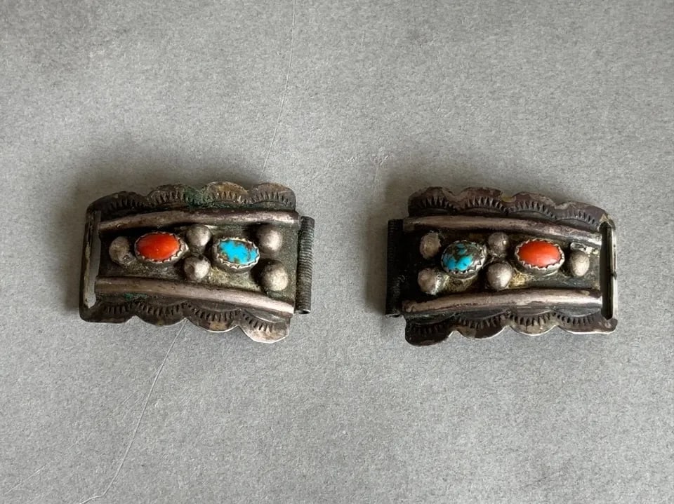 OLD PAWN NAVAJO STERLING SILVER WITH TURQUOISE AND CORAL WATCH BAND (1 of 2)