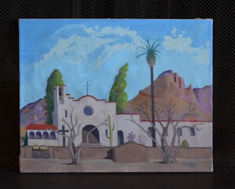 N. M. HELLER - ORIGINAL PAINTING - HISTORIC CHURCH ST. PHILLIPS TUCSON, AZ 1952: N. M. HELLER - ORIGINAL PAINTING - HISTORIC CHURCH ST. PHILLIPS TUCSON, AZ 1952 This oil painting shows the historic Saint Phillips Church located in Tucson, Arizona. The church was built in 1936. It 