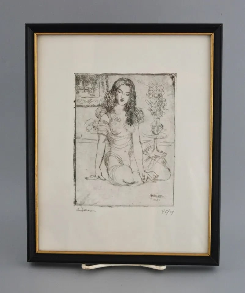 ROBIN JOHN ANDERSON - HAND SIGNED DATED LITHOGRAPH - YOUNG WOMAN IN NEGLIGEE: ROBIN JOHN ANDERSON - HAND SIGNED DATED LITHOGRAPH - YOUNG WOMAN IN NEGLIGEE This lithograph was done by Arizona artist Robin John Anderson. It has been nicely framed and covered with glass. The image