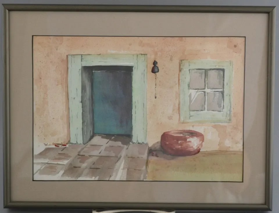 JOHN ROBERTS - WATERCOLOR PAINTING OLD ADOBE ENTRANCE DOOR - SOFT COLORS 9 X 12: JOHN ROBERTS - WATERCOLOR PAINTING OLD ADOBE ENTRANCE DOOR - SOFT COLORS 9 X 12 This watercolor painting shows the entrance of an old adobe home in the Southwest. The soft teal and pastel green of the