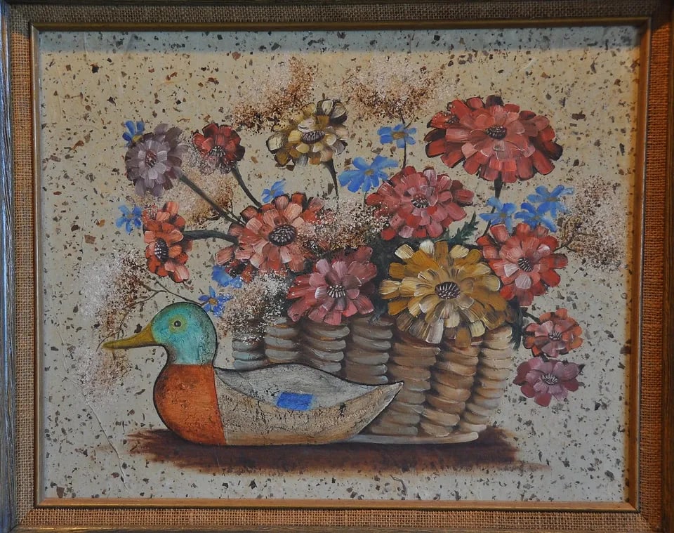 HELEN WILKINS - SWEET OIL PAINTING ON RICE PAPER BASKET OF FLOWERS DUCK DECOY (1 of 2)