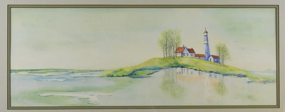 WATERCOLOR PAINTING - LIGHTHOUSE & HOMESTEAD ON SEA COAST - JANICE BERIGAN (1 of 2)