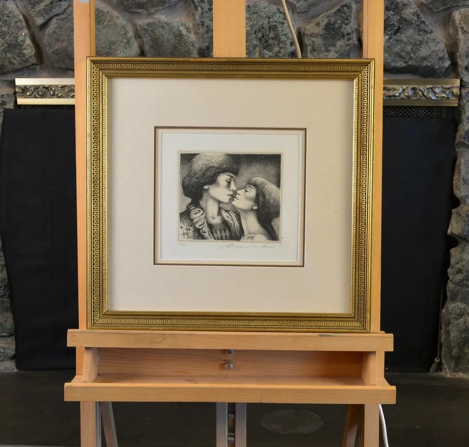 BEAUTIFULLY FRAMED - ETCHING PRINT - WOMAN'S KISS: BEAUTIFULLY FRAMED - ETCHING PRINT - WOMAN'S KISS Item Description: This print has the impression from a plate press - but looks to be a different kind of etching. The pencil markings below the print 