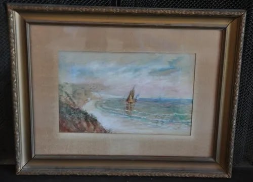 ANTIQUE MARITIME PAINTING - COASTAL LANDSCAPE WITH SHIPS - 1895: ANTIQUE MARITIME PAINTING - COASTAL LANDSCAPE WITH SHIPS - 1895 Item Description: This painting shows ships along the coast. The coast looks very similar to the California coast. The painting is signe