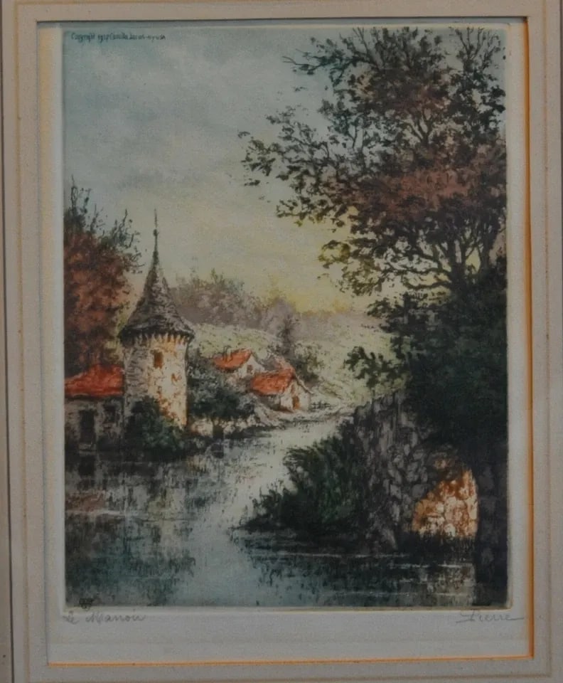 VINTAGE SIGNED COLORED ETCHING FRANCE RIVER "THE MANOR" CAMILLA LUCAS BOYER 1937 (1 of 2)