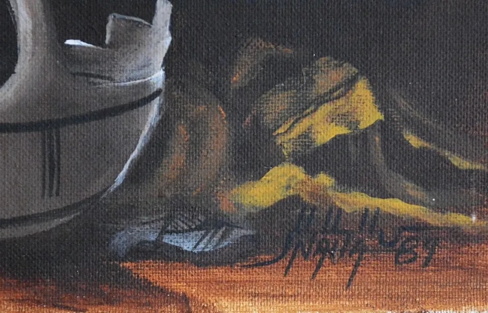 BRENT NAHA - HOPI STILL LIFE OIL PAINTING - POTTERY, CORN, WOVEN SASH: BRENT NAHA - HOPI STILL LIFE OIL PAINTING - POTTERY, CORN, WOVEN SASH This original oil painting on canvas board was done by Hopi artist Brent Naha. It is titled "Pottery Set" on the back. The paintin