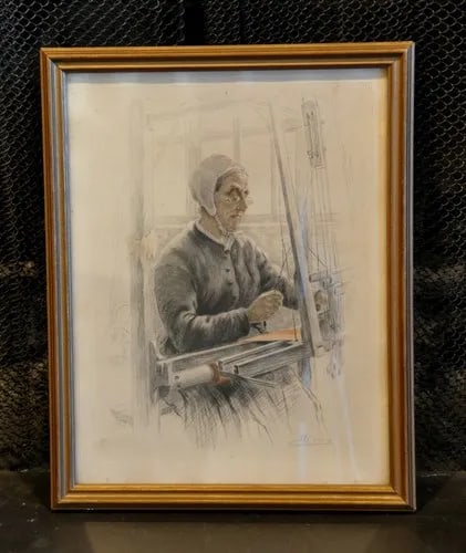 DECISY, EUGENE (1866-1936) ANTIQUE FRAMED ETCHING FRECH WEAVER LOOM - LATE 1800S: DECISY, EUGENE (1866-1936) ANTIQUE FRAMED ETCHING FRECH WEAVER LOOM - LATE 1800S Item Description: This etching of a weaver sitting at her hand loom was done by Eugene Decisy (1866-1936). It has some 