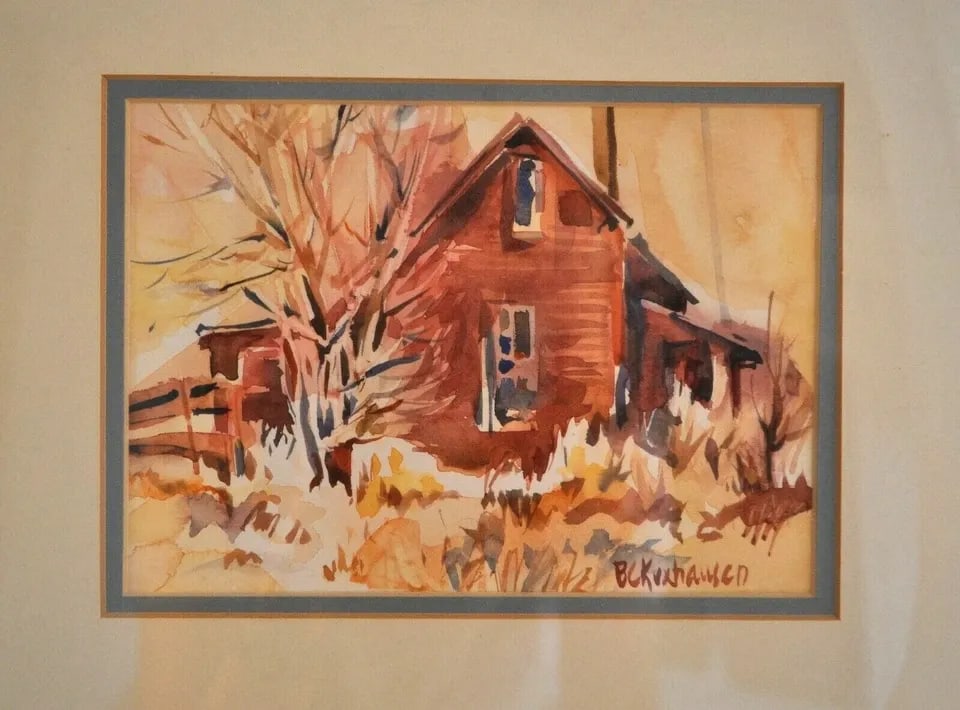 VINTAGE WATERCOLOR PAINTING - OLD FARM HOUSE IN FALL WYOMING - BARBARA KUXHAUSEN: VINTAGE WATERCOLOR PAINTING - OLD FARM HOUSE IN FALL WYOMING - BARBARA KUXHAUSEN Item Description: This lovely watercolor painting was done Wyoming artist Barbara Kuxhausen. It shows an old country ho