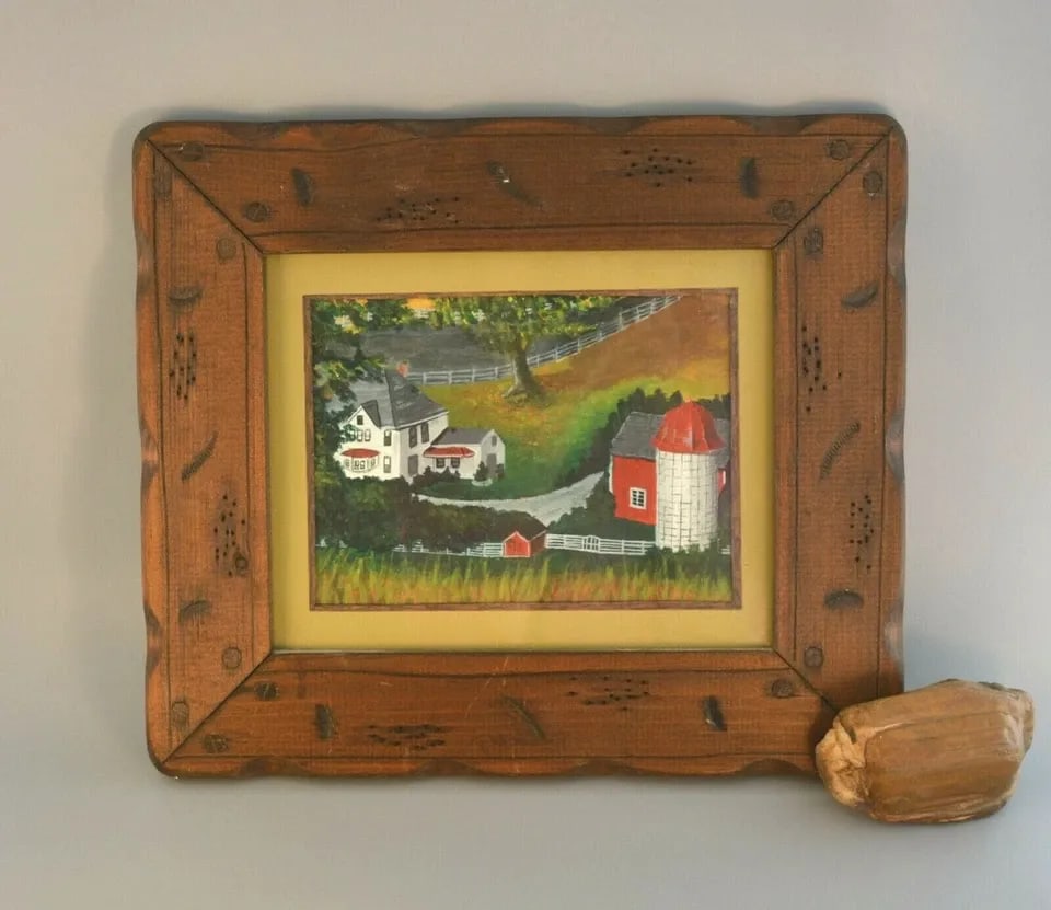 VTG OIL PAINTING - OLD WHITE FARMHOUSE SILO BARN - FOLK ART - WOOD FRAME: VTG OIL PAINTING - OLD WHITE FARMHOUSE SILO BARN - FOLK ART - WOOD FRAME Item Description: This original vintage painting shows a lush green landscape surrounding an old white farmhouse, red barn and 