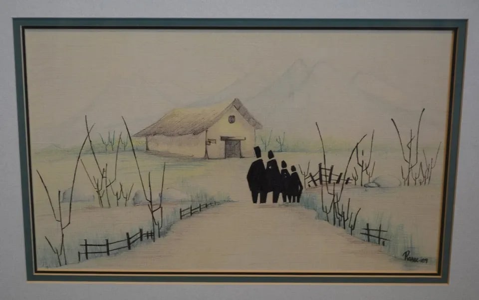 VINTAGE DRAWING - SMALL VILLAGE EASTERN EUROPE? - CHRISTIAN ORTHODOX? (1 of 2)