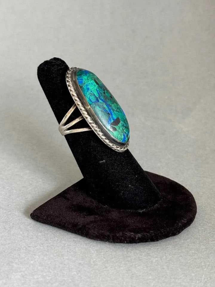 OLD PAWN NAVAJO STERLING SILVER AND CHRYSOCOLLA MALACHITE RING SIZE 5 3/4 (1 of 2)