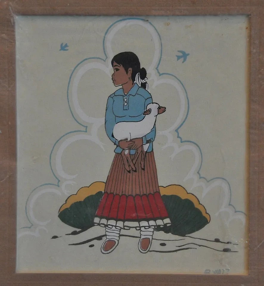 BEATIEN YAZZ (1925-) ORIGINAL SILKSCREEN PRINT - NAVAJO GIRL HOLDING LAMB - TEWA: BEATIEN YAZZ (1925-) ORIGINAL SILKSCREEN PRINT - NAVAJO GIRL HOLDING LAMB - TEWA Item Description: This is a Beatien Yazz silkscreen print done by Tewa Silk Screen Enterprises in Santa Fe, New Mexico.