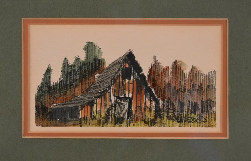 FRAMED MIXED MEDIA WATERCOLOR PAINTING - OLD BARN - SIGNED FLORES (1 of 2)
