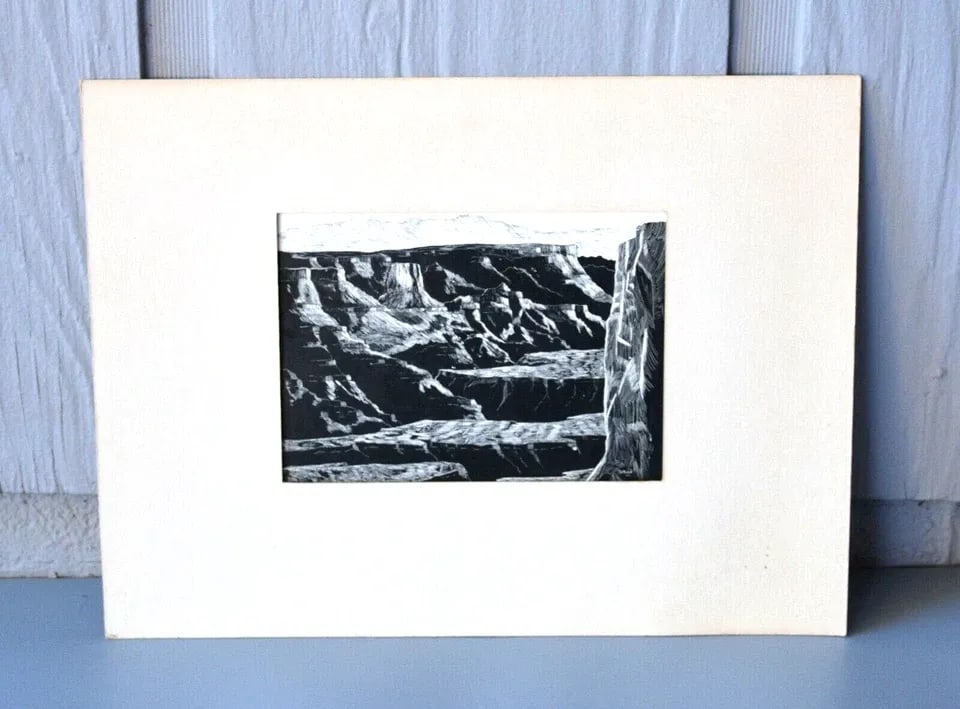 VINTAGE SCRATCH ART DRAWING - GRAND CANYON ARIZONA LANDSCAPE - CARITHERS - 1962 (1 of 2)